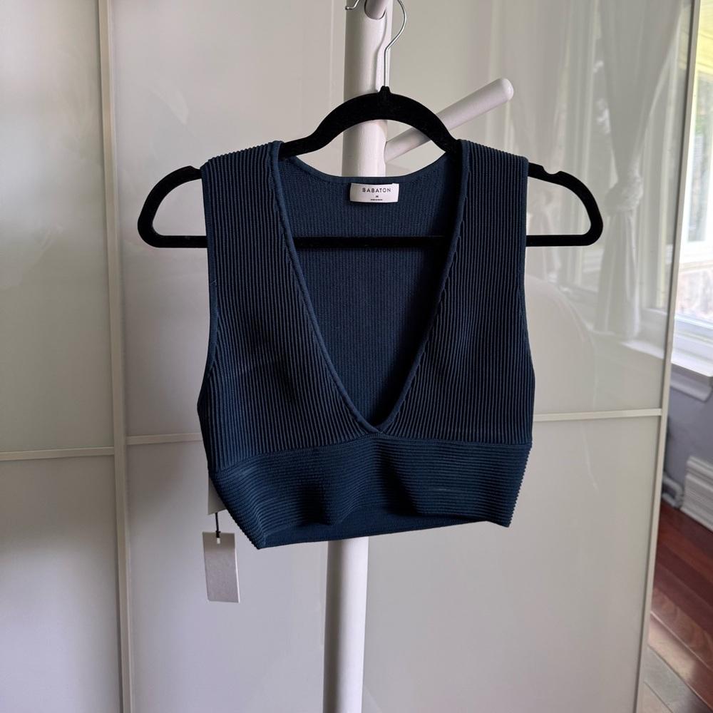 Babaton blue Ribbed V-Neck Tank Top contour